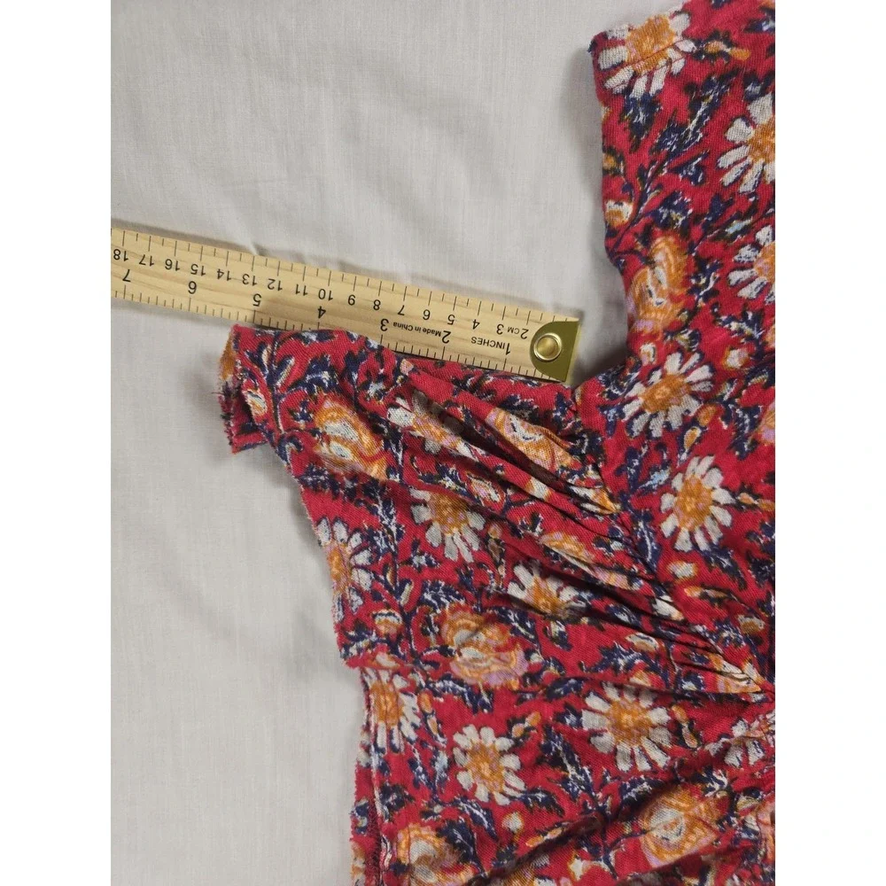 Free People Top Womens Small Red Floral Smocked Puff Sleeve Crop Blouse Boho